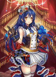Rule 34 | 10s, 1girl, blue hair, cafe maid (love live!), checkered clothes, checkered skirt, flower, gloves, hat, highres, long hair, love live!, love live! school idol festival, love live! school idol project, madogawa, microphone, ribbon, rose, skirt, smile, solo, sonoda umi, thighhighs, yellow eyes