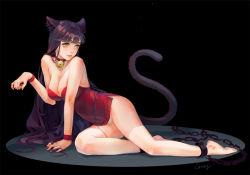 Rule 34 | 1girl, animal ears, artist name, artist request, bad id, bad pixiv id, bdsm, bell, black background, blunt bangs, bondage, bound, breasts, cat ears, cat tail, chain, character request, cleavage, collar, coney, cuffs, jingle bell, long hair, neck bell, paw pose, purple hair, shackles, simple background, solo, tail, thighhighs, very long hair, yellow eyes