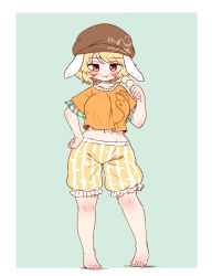 Rule 34 | 1girl, :3, animal ears, arinu, bare legs, barefoot, blonde hair, breasts, brown hat, cabbie hat, dango, flat cap, floppy ears, food, full body, hat, highres, large breasts, orange shirt, rabbit ears, red eyes, ringo (touhou), shirt, short hair, shorts, solo, standing, striped clothes, striped shorts, touhou, vertical-striped clothes, vertical-striped shorts, wagashi, yellow shorts