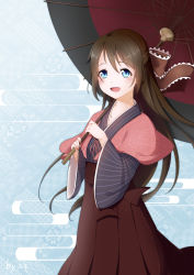 Rule 34 | 1girl, absurdres, aqua eyes, artist name, artist request, blue eyes, blue kimono, blush, bow, breasts, brown bow, brown hair, brown hakama, capelet, female focus, floating hair, frilled bow, frills, hair between eyes, hair bow, hakama, hakama skirt, half updo, highres, holding, holding umbrella, japanese clothes, kimono, layered skirt, long hair, long sleeves, looking at viewer, love live!, love live! nijigasaki high school idol club, love live! school idol festival, osaka shizuku, parted lips, pink capelet, pink ribbon, ponytail, red bow, red ribbon, red umbrella, ribbon, skirt, small breasts, smile, solo, striped clothes, striped kimono, umbrella, vertical-striped clothes, vertical-striped kimono, wavy hair, wide sleeves
