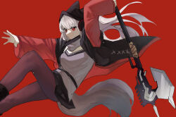 Rule 34 | 1girl, animal ears, animal hat, arknights, arm up, black hat, black jacket, black skirt, breasts, brown pantyhose, closed mouth, fake animal ears, feet out of frame, floating hair, from side, frostleaf (arknights), grey hair, grey shirt, hat, headphones, highres, holding, jacket, long hair, open clothes, open jacket, pantyhose, red background, red eyes, senjou no pentsu, shirt, simple background, skirt, small breasts, solo, tail, very long hair