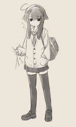 Rule 34 | 1girl, ahoge, bag, brown background, cardigan, clothes tug, collared shirt, full body, hair between eyes, hair flaps, hairband, hand in pocket, loafers, long hair, long sleeves, looking at viewer, monochrome, natsuki teru, necktie, original, pleated skirt, school bag, sepia, shikibe ayaka, shirt, shoes, sidelocks, simple background, skirt, sleeves past wrists, solo, standing, thighhighs, translation request