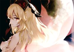 Rule 34 | 1girl, absurdres, backlighting, black hat, blonde hair, breast hold, breasts, closed mouth, completely nude, eyebrows, hat, highres, huge filesize, junko (touhou), ke-ta, large areolae, lips, long hair, looking at viewer, moon, moonlight, nipples, nude, red eyes, smile, solo, tassel, touhou, upper body, very long hair