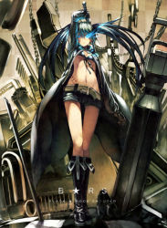 Rule 34 | 10s, 1girl, a.q.u.a, arm up, bikini, bikini top only, black hair, black rock shooter, black rock shooter (character), blue eyes, boots, chain, checkered floor, coat, female focus, floor, full body, gloves, glowing, glowing eye, gun, long hair, navel, scar, shorts, solo, standing, swimsuit, sword, twintails, weapon