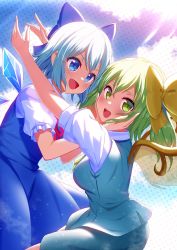 Rule 34 | 2girls, blue bow, blue dress, blue eyes, blue hair, bow, breasts, cirno, collared shirt, daiyousei, dress, fairy wings, flat chest, green eyes, green hair, hair bow, hair ribbon, hands on another&#039;s face, highres, ice, ice wings, long dress, medium breasts, medium skirt, mikomiko (mikomikosu), multiple girls, neck ribbon, pinafore dress, ponytail, puffy short sleeves, puffy sleeves, red neckwear, ribbon, shirt, short hair, short sleeves, skirt, sleeveless dress, small breasts, touhou, white shirt, wings, yellow bow, yellow ribbon