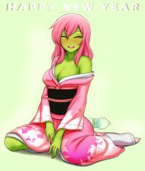 Rule 34 | 1girl, ;d, alisa (razalor), blush, bottle, breasts, cleavage, colored skin, green skin, happy new year, japanese clothes, kimono, long hair, looking at viewer, md5 mismatch, medium breasts, new year, off shoulder, one eye closed, open mouth, original, pink hair, razalor, red eyes, sitting, smile, socks, solo, teeth, wariza, white socks