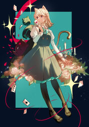 Rule 34 | 1girl, absurdres, animal ears, between fingers, black border, black footwear, black pantyhose, blonde hair, border, boyou by, brown tail, candle, candlestand, cat ears, cat girl, cat tail, chinese commentary, collared shirt, commentary request, dress, full body, genshin impact, green background, green dress, grey flower, hand to own mouth, hand up, highres, holding, juliet sleeves, light particles, long sleeves, looking to the side, lynette (genshin impact), medium hair, outside border, pantyhose, petals, pinafore dress, plant, puffy sleeves, purple eyes, shirt, shoes, sleeveless, sleeveless dress, solo, sparkle, star (symbol), tail, tail raised, tongue, tongue out, turning head, white shirt