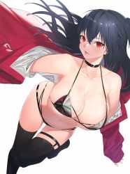Rule 34 | 1girl, azur lane, bare shoulders, bikini, black bikini, black choker, black hair, black thighhighs, breasts, choker, cleavage, collarbone, commentary request, covered erect nipples, crossed bangs, halterneck, highres, jacket, jam (nandade), large breasts, long hair, looking at viewer, navel, off shoulder, official alternate costume, open mouth, red eyes, red jacket, sleeves past wrists, swimsuit, taihou (azur lane), taihou (enraptured companion) (azur lane), thigh strap, thighhighs, thighs, two side up, underboob