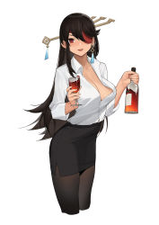 Rule 34 | absurdres, alcohol, alternate costume, beidou (genshin impact), black hair, black pantyhose, breasts, bright pupils, cleavage, contemporary, cropped legs, cup, drinking glass, earrings, eyepatch, genshin impact, hair ornament, hair stick, highres, jewelry, large breasts, long hair, looking at viewer, no bra, office lady, pantyhose, partially unbuttoned, pencil skirt, red eyes, sidelocks, simple background, single earring, skirt, smile, solo, white background, wine glass, wu yue [vulpes]