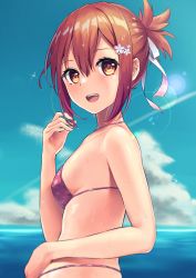 Rule 34 | 1girl, :d, bikini, blue background, blue sky, breasts, brown eyes, cloud, commentary request, contrail, day, dripping, flower, from side, hair between eyes, hair ornament, hair ribbon, hairclip, hand up, happy, highres, horizon, lens flare, looking at viewer, looking to the side, nazuna (nazuna a2), nogi wakaba wa yuusha de aru, ocean, open mouth, pink bikini, pink flower, print bikini, red hair, ribbon, short hair, short ponytail, sideboob, sidelocks, simple background, sky, small breasts, smile, solo, sparkle, swimsuit, takashima yuuna, teeth, upper teeth only, water drop, wet, wet hair, white ribbon, yuusha de aru