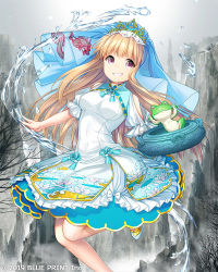 Rule 34 | 1girl, :d, bare tree, blonde hair, breasts, company name, crown, day, dragon print, dress, frog, grey sky, long hair, looking at viewer, lost crusade, medium breasts, official art, open mouth, outdoors, pink eyes, shimoe, sky, smile, solo, standing, standing on one leg, tree, water, white dress