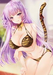 Rule 34 | 1girl, animal print, arm under breasts, bikini, blurry, blurry background, blush, bow, bowtie, breast hold, breasts, cleavage, closed mouth, commentary request, depth of field, drop.b, halterneck, hand on own leg, highres, indoors, large breasts, leaning forward, long hair, looking at viewer, mole, mole under eye, navel, original, paid reward available, print bikini, purple hair, red eyes, red ribbon, ribbon, solo, standing, stomach, swimsuit, tail, tail ornament, tail ribbon, tiger print, tiger tail, tongue, tongue out, very long hair, yellow bow, yellow bowtie