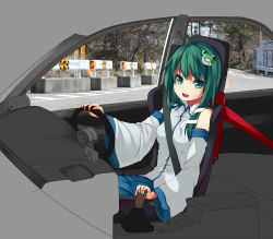 Rule 34 | 1girl, car, car interior, detached sleeves, driving, female focus, frog hair ornament, green eyes, green hair, hair ornament, kochiya sanae, long hair, matching hair/eyes, motor vehicle, open mouth, photo background, right-hand drive, snake hair ornament, solo, steering wheel, touhou, unasaka ryou, vehicle, wide sleeves