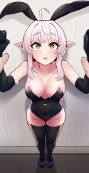 Rule 34 | 1girl, absurdres, against wall, ahoge, animal ears, bare shoulders, black leotard, black thighhighs, blush, breasts, cleavage, collarbone, commission, elbow gloves, elf, fake animal ears, gloves, green eyes, highleg, highleg leotard, highres, holding another&#039;s wrist, leotard, looking at viewer, open mouth, original, out of frame, playboy bunny, pointy ears, rabbit ears, sidelocks, solo focus, standing, strapless, strapless leotard, sung08ko, sweat, thighhighs, white hair