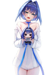 Rule 34 | 1girl, absurdres, bare shoulders, black panties, blue bow, blue eyes, blue hair, blue nails, blue ribbon, blush, bow, bow earrings, breasts, chain, chain headband, choker, collarbone, collared shirt, dress shirt, earrings, fangs, hair intakes, highres, holding, holding stuffed toy, hololive, hololive english, jewelry, large breasts, long sleeves, looking at viewer, nail polish, naked shirt, off shoulder, official alternate costume, open mouth, ouro kronii, panties, partially unbuttoned, psypolo d, ribbon, ribbon choker, see-through, shirt, short hair, sidelocks, signature, simple background, smile, smol kronii, stuffed toy, tongue, underwear, virtual youtuber, white background, white shirt