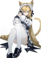 Rule 34 | 1girl, absurdres, animal ear fluff, animal ears, black dress, black footwear, blonde hair, blue eyes, breasts, cat ears, cat girl, cat tail, commentary request, detached sleeves, dress, frilled dress, frilled sleeves, frills, gloves, hair ornament, hair ribbon, hanazono serena, hanazono serena (channel), hand on own knee, highres, large breasts, loafers, long hair, looking at viewer, maid, maid headdress, panties, qtian, ribbon, shoes, sitting, solo, tail, thighhighs, two-tone dress, underwear, very long hair, virtual youtuber, white dress, white gloves, white panties, white thighhighs, x hair ornament, yellow tail