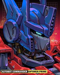 Rule 34 | 1boy, autobot, blue eyes, character name, close-up, commentary, english commentary, freakyfir, highres, looking ahead, mecha, no humans, optimus prime, robot, signature, solo, transformers