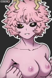 Rule 34 | 1girl, absurdres, antlers, armpits, artist name, ashido mina, black background, black sclera, boku no hero academia, breasts, clenched hands, clenched teeth, collarbone, colored nipples, colored sclera, colored skin, expressionless, eyelashes, female focus, fingernails, hands up, highres, horns, looking at viewer, medium breasts, messy hair, monster girl, neck, nilterguy, nipples, no bra, nude, official art nude filter, parted bangs, parted lips, pink hair, pink skin, short hair, sidelocks, simple background, standing, teeth, third-party edit, topless, topless frame, upper body, yellow eyes