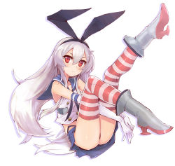 Rule 34 | 10s, 1girl, alternate eye color, between legs, black panties, blush, boots, elbow gloves, full body, gloves, grey footwear, hairband, highres, kantai collection, legs up, long hair, looking at viewer, panties, pantyshot, patterned legwear, personification, red eyes, red stripes, shimakaze (kancolle), silver hair, simple background, skirt, solo, striped clothes, striped thighhighs, thighhighs, two-tone stripes, underwear, upskirt, white background, white gloves, white stripes, whoosaku