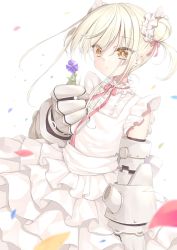 Rule 34 | 1girl, bow, chiyonekoko, choker, commentary, double bun, dress, dutch angle, eyes visible through hair, floating hair, flower, frilled choker, frills, gauntlets, hair bow, hair bun, highres, holding, holding flower, layered dress, long hair, looking away, original, parted lips, petals, platinum blonde hair, purple flower, red bow, sidelocks, simple background, sleeveless, sleeveless dress, solo, symbol-only commentary, two side up, white background, white dress