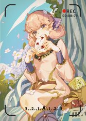 Rule 34 | 1girl, apple, blue hairband, blue sky, bread, commentary request, dress, eating, eyelashes, fire emblem, fire emblem echoes: shadows of valentia, flower, food, fruit, genny (fire emblem), grey eyes, hairband, highres, leaf, long dress, manymanylilies, nintendo, pink dress, pink hair, recording, short hair, sitting, sky, solo, viewfinder, white flower