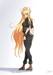 Rule 34 | 1girl, absurdres, ass, black jacket, black pants, blonde hair, blue eyes, boots, bowsette, bracelet, breasts, denim, earrings, eyes visible through hair, full body, gradient background, highres, horns, jacket, jeans, jewelry, large breasts, long hair, looking at viewer, looking back, mario (series), new super mario bros. u deluxe, nintendo, open mouth, pants, pointy ears, solo, spiked bracelet, spikes, standing, super crown, very long hair, white background