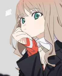Rule 34 | 1girl, beige cardigan, black jacket, brown hair, cardigan, clenched hand, collared shirt, expressionless, green eyes, grey background, gridman universe, hand on own face, highres, jacket, looking at viewer, machi (wm), minami yume, shirt, sleeves past wrists, solo, ssss.dynazenon, upper body