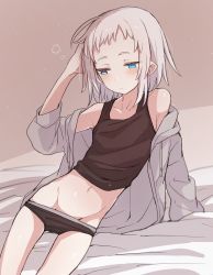 Rule 34 | 1girl, arm support, azuma shino, bare shoulders, black panties, black tank top, blue eyes, blush, bubble, cowboy shot, expressionless, flat chest, highres, hood, hoodie, looking to the side, navel, nowareno (azuma shino), off shoulder, open clothes, open hoodie, original, panties, panty pull, pointy ears, short bangs, short hair, sitting, solo, tank top, underwear, white hair