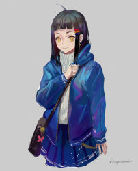 Rule 34 | 1girl, ahoge, bag, black bag, black hair, blue jacket, blue skirt, blunt bangs, blush, closed mouth, grey background, hair ornament, hairclip, hood, hood down, hooded jacket, jacket, long hair, open clothes, open jacket, original, ribbed sweater, signature, simple background, skirt, sleeves past wrists, smile, solo, sweater, turtleneck, turtleneck sweater, vicennter, white sweater, yellow eyes, zipper