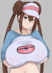 Rule 34 | 1girl, absurdres, arms under breasts, breast hold, breasts, brown hair, clothes lift, creatures (company), game freak, green eyes, highres, huge breasts, long hair, looking at viewer, naozuri, nintendo, pokemon, pokemon bw2, rosa (pokemon), shirt, shirt lift, smile, solo, upper body, visor cap