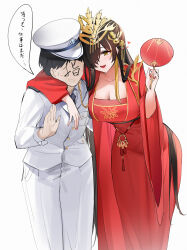 Rule 34 | 1boy, 1girl, absurdres, arm around shoulder, azur lane, blush, blush stickers, breasts, brown hair, chinese clothes, cleavage, commander (azur lane), dress, fan, hair over one eye, hand fan, harbin (azur lane), harbin (red paeonia) (azur lane), hat, heart, highres, holding, holding fan, large breasts, long hair, long sleeves, nail polish, nervous smile, official alternate costume, qing wu, red dress, smile, tall female, very long hair, wide sleeves, yellow eyes