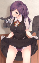 Rule 34 | 10s, 1girl, ahoge, blouse, blush, breasts, cannon, clothes lift, female focus, gloves, hagikaze (kancolle), highres, kantai collection, lace, lace-trimmed panties, lace trim, large breasts, lifting own clothes, long hair, looking at viewer, machinery, neck ribbon, one side up, panties, pleated skirt, purple eyes, purple hair, purple panties, red ribbon, ribbon, school uniform, shirt, side ponytail, skirt, skirt lift, solo, turret, underwear, urigarasu, vest, white gloves