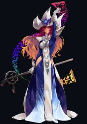 Rule 34 | 1girl, black background, blue dress, breasts, closed mouth, crossover, dress, full body, gloves, hat, highres, holding, holding wand, long hair, long sleeves, multicolored hair, orange hair, purple eyes, purple hair, simple background, solo, standing, tomatolover16, touhou, two-tone hair, wand, wavy hair, white gloves, witch, witch hat, yu-gi-oh!
