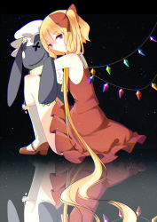 Rule 34 | 1girl, asymmetrical hair, blonde hair, chromatic aberration, crystal, flandre scarlet, freeze (867139), full body, hair ribbon, hat, highres, hug, kneehighs, looking at viewer, mary janes, mob cap, no mouth, red eyes, reflection, ribbon, shirt, shoes, side ponytail, sitting, skirt, skirt set, sleeveless, socks, solo, stuffed animal, stuffed rabbit, stuffed toy, touhou, white socks, wings