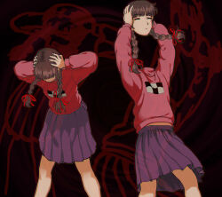 Rule 34 | 2girls, black background, blunt bangs, braid, chromatic aberration, clone, closed eyes, closed mouth, disembodied head, expressionless, facing another, facing down, feet out of frame, fingernails, giganticbuddha, hair ribbon, hands on own head, hands up, highres, holding, holding head, long hair, long sleeves, madotsuki, medium bangs, medium skirt, midriff peek, multiple girls, parted hair, pink sweater, pleated skirt, projected inset, purple skirt, red ribbon, ribbon, simple background, skirt, standing, sweater, transparent, turtleneck, turtleneck sweater, twin braids, twintails, yume nikki