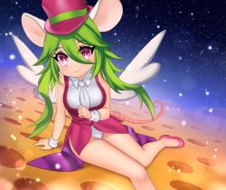Rule 34 | 1girl, animal ears, breasts, green hair, hat, highres, leotard, mad rat dead, mouse (animal), mouse ears, mouse girl, mouse tail, necktie, nippon ichi, rat god, red eyes, tail, top hat, wings, wrist cuffs