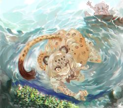 Rule 34 | 2girls, animal ears, animal print, boat, commentary request, diving, jaguar (kemono friends), kemono friends, konabetate, leopard print, looking at another, multiple girls, reaching, reaching towards viewer, skirt, slit pupils, small-clawed otter (kemono friends), tail, tsurime, underwater, watercraft, waving