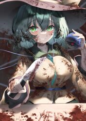 Rule 34 | 1girl, absurdres, blood, blood on clothes, blood on face, breasts, collar, collared shirt, dfra, green eyes, green hair, hat, heart, heart-shaped pupils, highres, holding, holding knife, knife, komeiji koishi, large breasts, looking at viewer, medium hair, shirt, solo, symbol-shaped pupils, touhou, yellow shirt