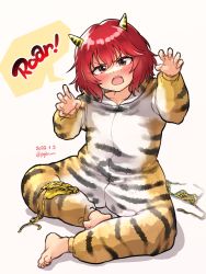 Rule 34 | 1girl, animal print, artist name, barefoot, bikini, birthday, blush, bob cut, brown eyes, chinese zodiac, claw pose, commentary, dated, embarrassed, english text, fang, full body, gojarun, hair between eyes, head tilt, highres, hood, hood down, hoodie, horns, idolmaster, idolmaster cinderella girls, long sleeves, looking at viewer, murakami tomoe, new year, on floor, onesie, open mouth, pajamas, red hair, shadow, short hair, simple background, sitting, solo, speech bubble, striped bikini, striped clothes, swimsuit, tiger print, tiger stripes, twitter username, unworn bikini, unworn swimsuit, v-shaped eyebrows, white background, year of the tiger, yellow bikini, zipper pull tab