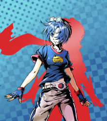 Rule 34 | 1girl, belt, blue eyes, blue hair, breasts, fingerless gloves, gloves, goggles, goggles on head, hair over one eye, matching hair/eyes, may lee, pants, shirt, short hair, silhouette, small breasts, solo, t-shirt, tengai gyouja, the king of fighters, yin yang