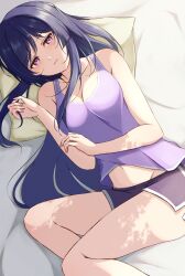 Rule 34 | 1girl, 7-mzk, assault lily, bare arms, bare shoulders, bed sheet, breasts, cleavage, collarbone, commentary request, feet out of frame, groin, hair spread out, half-closed eyes, hands up, highres, itou shizu (assault lily), light blush, light smile, long hair, looking at viewer, lying, medium breasts, midriff peek, navel, on side, parted lips, pillow, purple eyes, purple hair, purple shorts, purple tank top, shorts, side slit, side slit shorts, sidelocks, solo, tank top, tree shade, very long hair
