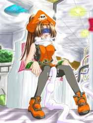 Rule 34 | 1girl, arc system works, bdsm, blindfold, blush, bondage, bound, breasts, cum, female focus, full body, guilty gear, hat, indoors, long hair, machine, may (guilty gear), saliva, sitting, solo, tube