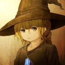 Rule 34 | 1girl, braid, brown eyes, collarbone, crystal, hat, jewelry, light brown hair, lionel nakamura, long hair, magical girl, necklace, original, robe, solo, witch hat