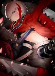 Rule 34 | 1girl, admiral graf spee (azur lane), azur lane, back, belt, black dress, blue eyes, clothing cutout, dress, fins, fish tail, highres, looking to the side, mechanical arms, multicolored hair, petals, red scarf, rigging, scarf, shark tail, short hair, solo, streaked hair, tail, tsukimineko, underboob cutout, white belt, white hair