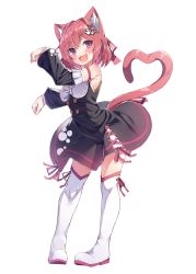 Rule 34 | 1girl, :d, animal ear fluff, animal ears, arm ribbon, bare shoulders, black dress, blush, boots, bow, bow legwear, cat ears, cat girl, cat tail, detached sleeves, dress, dress bow, fang, hair ornament, hairclip, half updo, heart, heart tail, highres, looking at viewer, medium dress, monochrome background, open mouth, original, paw hair ornament, paw pose, paw print, purple eyes, red hair, red ribbon, ribbon, shiro youduki, short hair, simple background, smile, solo, standing, tail, thigh boots, thighhighs, white background, white thighhighs, zettai ryouiki