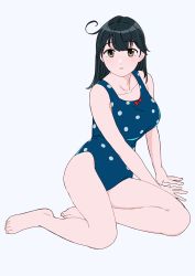Rule 34 | 1girl, ahoge, barefoot, black hair, blue one-piece swimsuit, breasts, full body, kantai collection, large breasts, long hair, looking at viewer, ojipon, one-piece swimsuit, polka dot, polka dot swimsuit, school swimsuit, simple background, sitting, solo, swimsuit, ushio (kancolle), white background