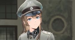 Rule 34 | 1girl, absurdres, blue eyes, blurry, blurry background, brown hair, closed mouth, depth of field, expressionless, germany, hair between eyes, hat, highres, insignia, military, military hat, military uniform, nazi, original, peaked cap, skull, solo, swastika, tagme, unicron (brous), uniform, world war ii