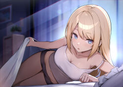 Rule 34 | 1girl, bed sheet, black shorts, blanket, blonde hair, blue eyes, blurry, blurry background, breasts, cleavage, collarbone, curtains, highres, indoors, keman, long hair, looking at viewer, lying, medium breasts, moonlight, navel, night, non-web source, on bed, on side, open mouth, original, picture frame, pillow, shelf, shorts, sleepwear, solo, tank top, virtual youtuber, white tank top, yumemiya alice