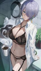 Rule 34 | 1girl, alternate costume, arm support, breasts, brid (nikke), cleavage, closed mouth, coffee, collarbone, colored inner hair, cup, dangle earrings, earrings, elvandec, goddess of victory: nikke, green hair, grey hair, hair over one eye, highres, holding, holding cup, jewelry, large breasts, light blush, lingerie, long hair, looking at viewer, low-tied long hair, midriff, multicolored hair, navel, one eye covered, open clothes, open shirt, shirt, sitting, smile, solo, third-party source, two-tone hair, underwear, white shirt