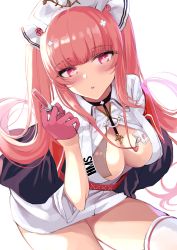 Rule 34 | 1girl, absurdres, azur lane, blush, breasts, cleavage, hat, highres, holding, holding syringe, long hair, looking at viewer, medium breasts, nurse, nurse cap, official alternate costume, perseus (azur lane), perseus (unfamiliar duties) (azur lane), pink eyes, pink hair, solo, syringe, thighhighs, twintails, wee (weeyy), white background, white thighhighs